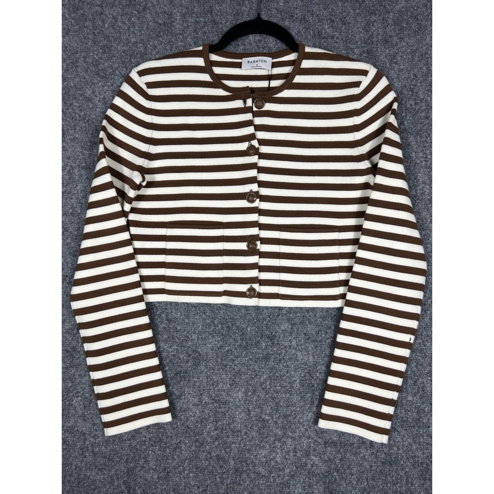 Aritzia Babaton Notable Cardigan XS Brown White Striped Cropped NWT